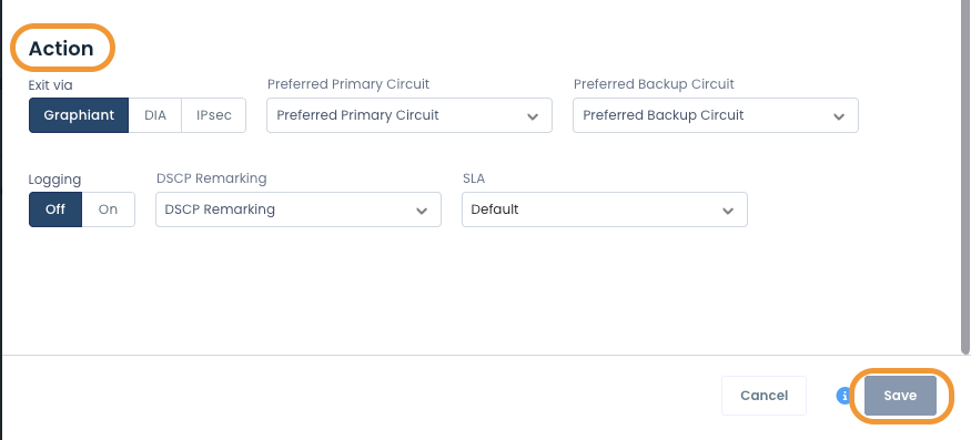 Settings interface showing action options and save button for network configuration.